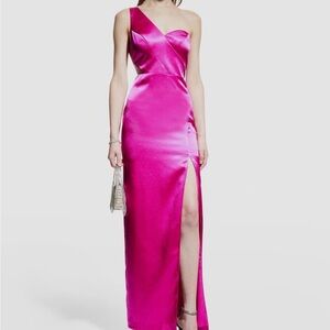 Aidan by Aidan Mattox One-Shoulder Hot Pink Satin Maxi Dress